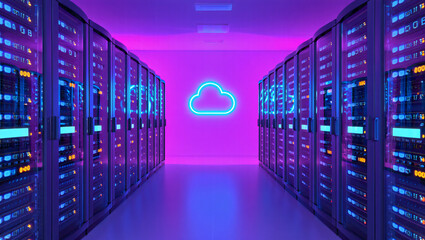 Rows of computer servers in a data center with cloud symbol