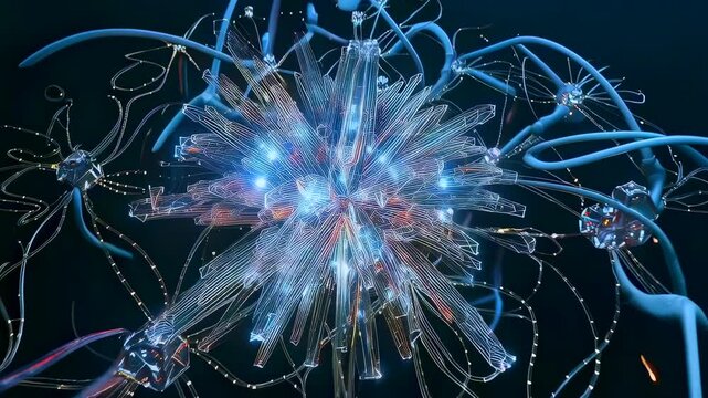 Optical junctions transmitting illuminating blue signals swiftly, Sparkling glass facets and fine connectors directing blue light through intricate optical systems inside laboratory