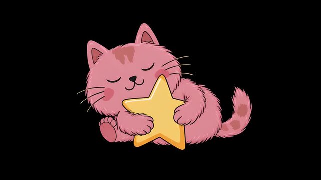 A cute pink cartoon cat embraces a yellow star with its eyes closed.