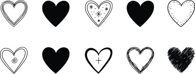 Hand drawn heart icons set in various styles for love romance valentine wedding and social media design