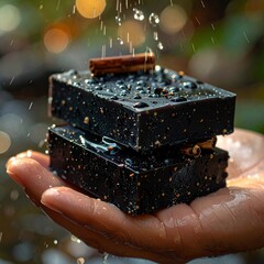 Hand Holding Stacked Dark Bar Soaps With Cinnamon Sticks and Water Droplets Illuminated By Natural Sunlight