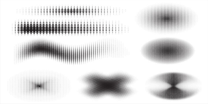 Dynamic halftone dot patterns creating a gradient effect across various abstract shapes Ideal for backgrounds, graphic design, and tech themed projects
