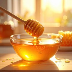 Golden Honey Dripping From Wooden Dipper Into Clear Glass Bowl Illuminated By Warm Sunlight Macro Shot