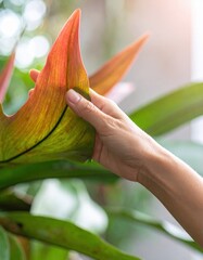 Hand Gently Touching Vibrant Orange and Green Fern Leaf with Soft Bokeh Background Lighting