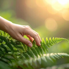 Gentle Hand Brushing Against Green Fern Leaves in Soft Sunlight Forest Ambiance