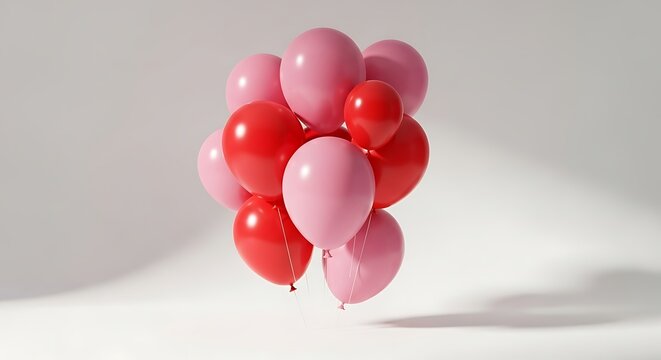 Cluster of red and pink balloons floating in the air.