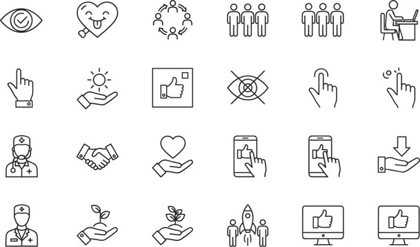 Minimal line icon set of business healthcare user interface gestures people care technology symbols outline vector collection design