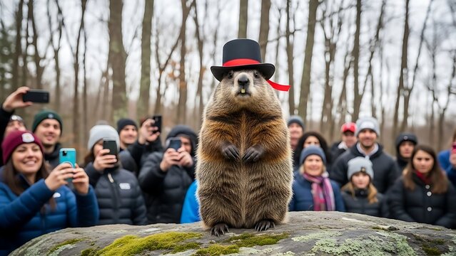 Famous groundhog wearing a miniature black top hat with a red ribbon stands upright on a mossy rock being photographed by an eager crowd of onlookers during a traditional winter weather prediction cer
