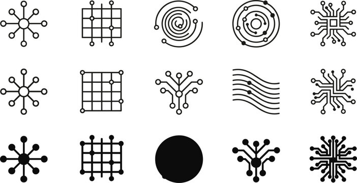 Abstract technology network and circuit icons set with digital connections data flow nodes futuristic symbols minimal vector collection