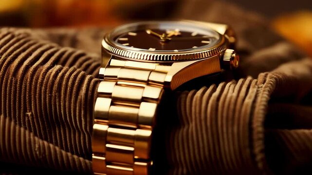 Macro shot of the texture of a brown corduroy jacket and a gold watch, soft autumn sunlight, contrast of rugged and elegant materials.