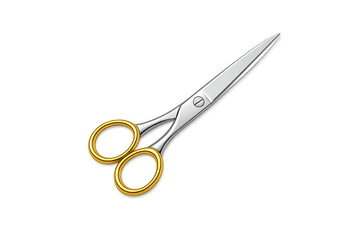 Metal scissors with golden handles, sharp blades for cutting, sewing, barbering, and crafts on transparent background