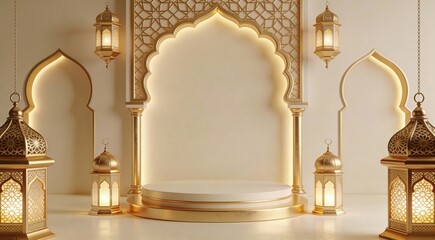 Elegant Islamic Arch Design with Lanterns and Empty Stage for Ramadan.