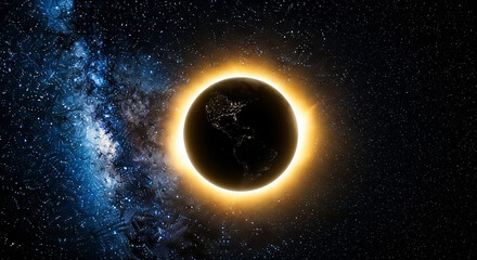Obraz premium Total solar eclipse with glowing corona against starry space background astronomy phenomenon