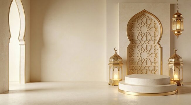 Elegant Islamic Podium Display with Golden Lanterns and Arch.