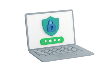 Laptop computer with security shield and password field showing cyber data protection and internet safety isolated on transparent background