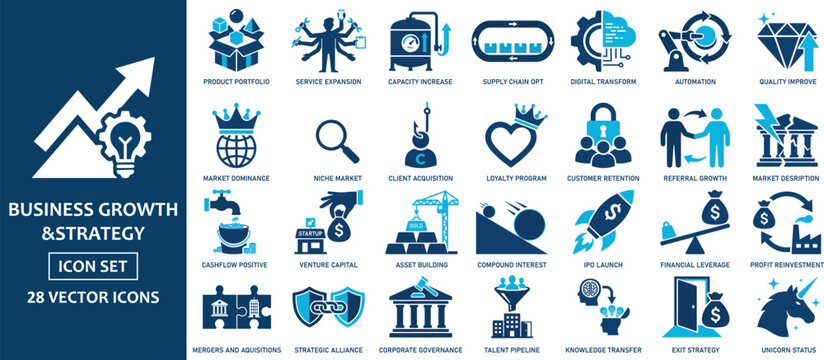 Business growth and strategy icon set with 28 vector icons
