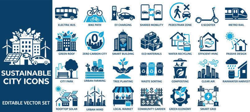Collection of sustainable city concept icons with editable vector set