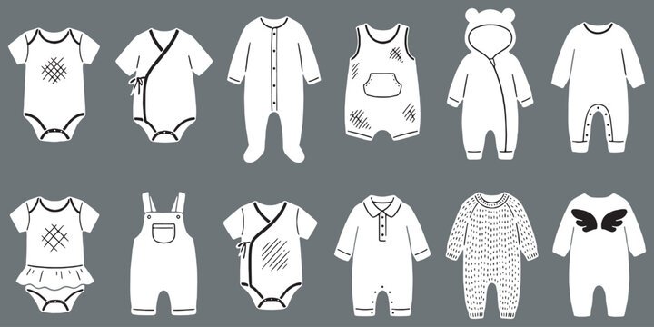 Collection of various baby onesies and sleepsuits in white outline style, showcasing different designs and styles for infants.