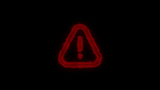 Red glowing fuzzy hazard warning sign flashing alert symbol in triangle error notification on black background