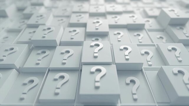 An abstract pattern of question marks on a white background.