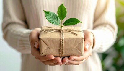 Hands holding a small gift box wrapped in brown paper tied with twine with a fresh green plant sprout growing from the top with soft natural light