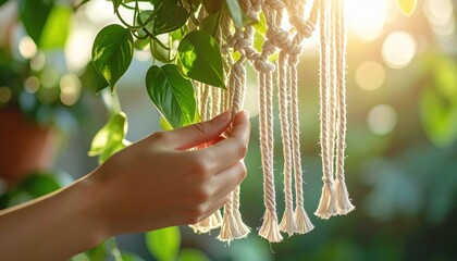 Close Up Of A Hand Gently Touching A Macrame Plant Hanger With Green Leaves And Golden Sunlight In The Background