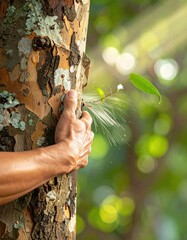 Human Hand Gently Touching Textured Tree Bark with Lush Green Forest Bokeh and Sun Rays in Soft Lighting