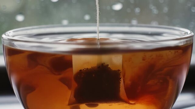 Macro shot of a tea bag being dipped into hot water, the amber liquid diffusing in swirls, soft focused window with raindrops in the background.