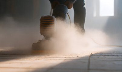 Man sanding a wooden floor in a house creating a cloud of dust. Woodworking concept for home improvement and renovation.