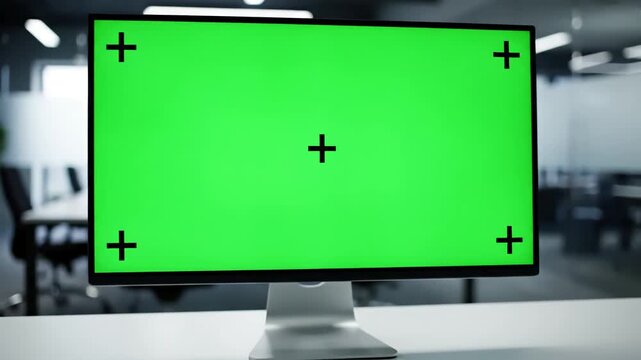 Professional Office Desk Setup with business woman typing on cgi green screen computer monitor working in modern female freelancer researching information mockup pc chroma key copyspace and tracking