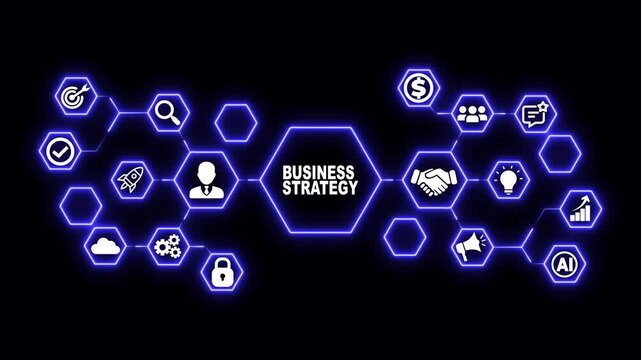 Business Strategy Hexagon Animation with Growth and Planning Icons, Futuristic Digital Interface and Corporate Decision Making Concept