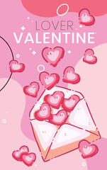 Kawaii Valentine's Day Illustration - Romantic Love Letter with Flying Hearts and Lover Valentine Typography