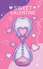 Kawaii Valentine's Day Illustration - Romantic Hourglass with Hearts and Sweet Valentine Typography