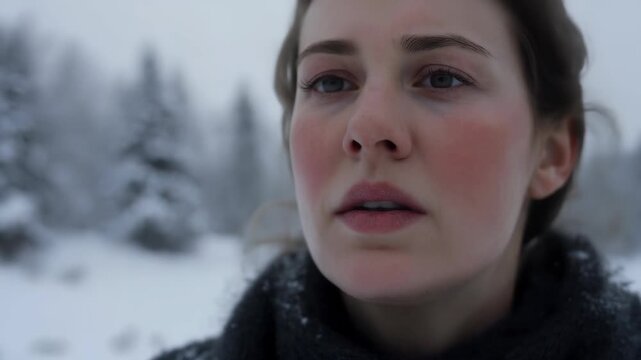 Close-up of a person's breath turning into white mist in the cold crisp air, blurry snow-covered landscape in the background, sharp focus.