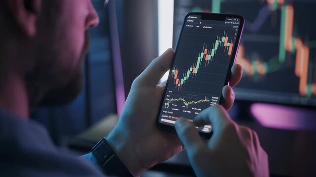 A trader analyzes financial charts on a smartphone.