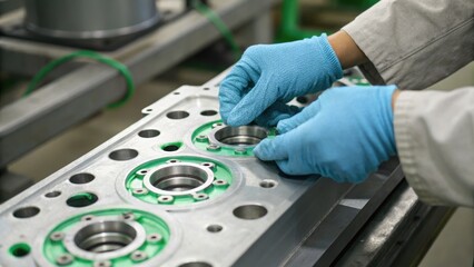 Hands assembling mechanical parts in a factory setting, focusing on precision and detail.