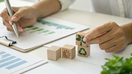 A person arranging wooden blocks with eco-friendly symbols while analyzing charts and data on a desk.