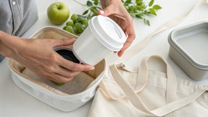 Hands placing a container into a tote bag, surrounded by fresh fruits and greenery, depicting an organized, healthy lifestyle.