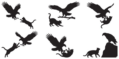 Fototapeta premium Collection of Silhouettes Depicting an Eagle Attacking a Cat in Various Scenarios.