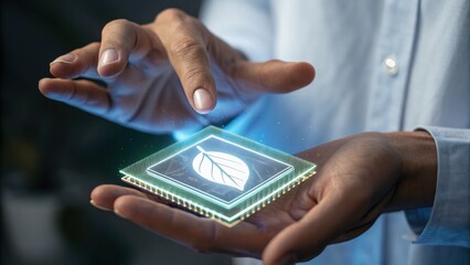 A person holds a holographic leaf on a microchip, symbolizing the intersection of technology and nature.