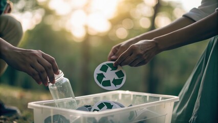 Individuals are sorting recyclable materials outdoors, promoting environmental awareness and sustainability.