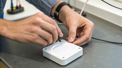 A person is adjusting a small electronic device on a workbench, focusing on precise placement and connection of components.