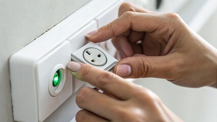 A person plugging a device into a wall socket, with a focus on the hand and electrical outlet, highlighting modern utility and convenience.