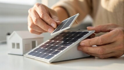 A person assembles a miniature solar panel on a model house, illustrating renewable energy concepts and sustainable living.