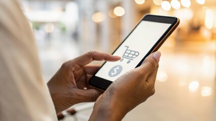 Person using a smartphone to shop online, focused on a shopping cart icon and payment options in a bright environment.