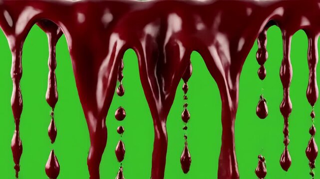 Green Screen dark red blood drips on and transparent background liquid flowing down the surface in streams melting drops create streaks 3d animation chroma key alpha channel scene 1 with distortion