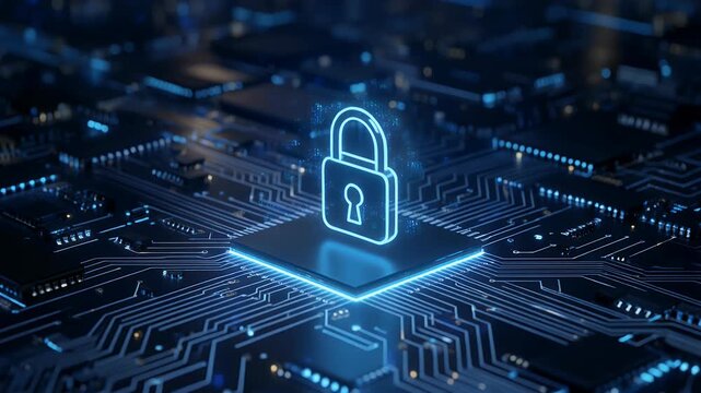 A digital padlock icon glows on a circuit board, symbolizing cybersecurity and data protection.