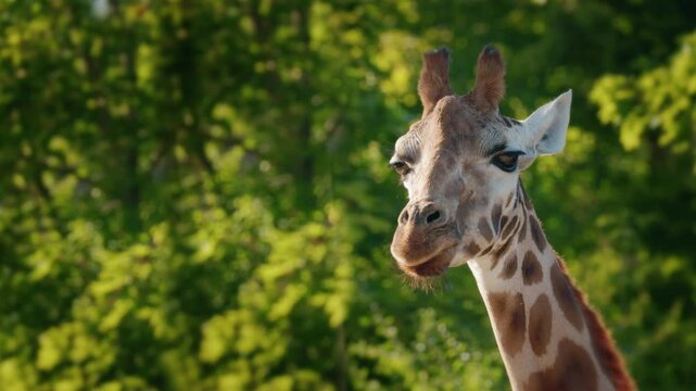 Front-facing close-up of giraffe head and long neck in warm sunlight against lush green forest background with soft natural bokeh