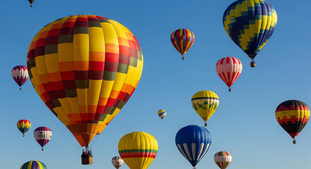 Obraz premium Colorful hot air balloons flying in blue sky during festival celebration travel and adventure concept