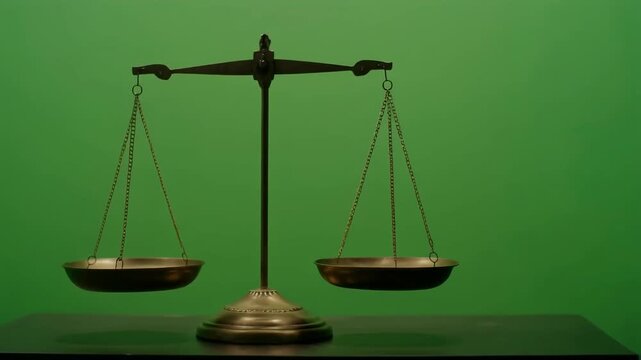 A brass balance scale sits on a dark surface against a green background, symbolizing justice and balance.